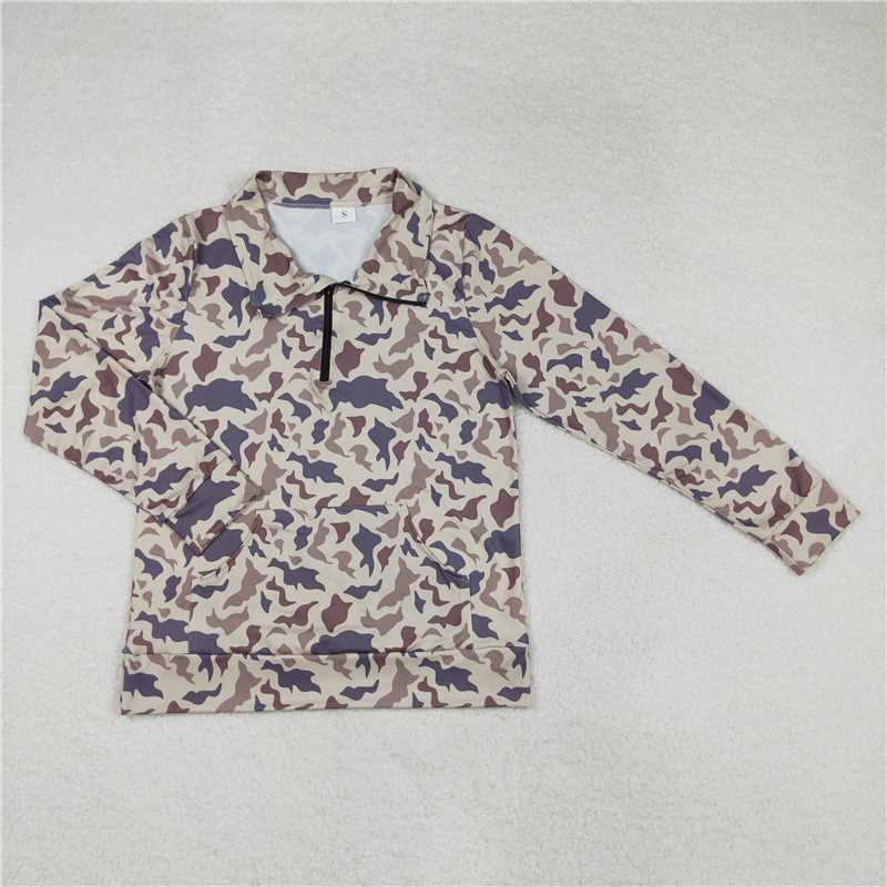 RTS NO MOQ Adult Women Long sleeve GT0828 Dark Khaki Camo Long Sleeve Tee Shirts Zip Pullovers Tops