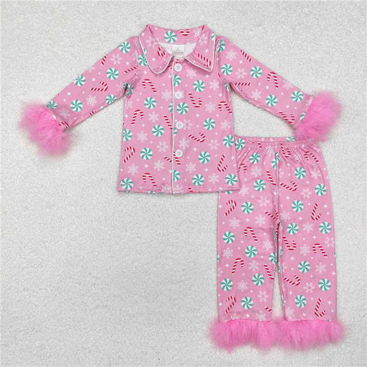 GLP2025 Baby Girls Christmas Balls Fur Tops Pants Pajamas Clothes Sets