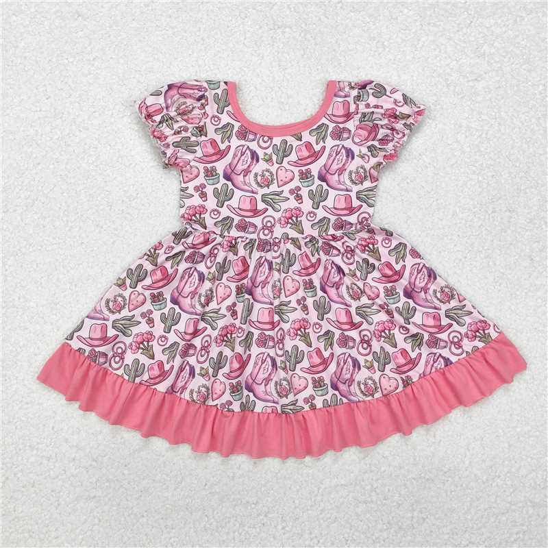 GSD0759 Baby Girls Cactus Boots Hats Western Ruffle Knee Length Dresses