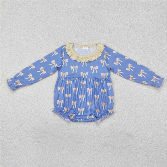 RTS NO MOQ Baby Girls Bodysuit LR1941 Blue Bows Ruffle Long Sleeve Rompers