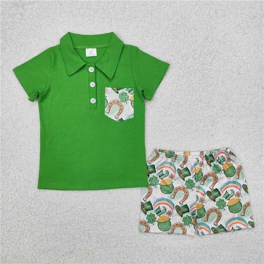 RTS NO MOQ Baby Boys kids Summer sets BSSO1165 Gold Coin Rainbow Hat Pocket Green Short Sleeve Shorts Set