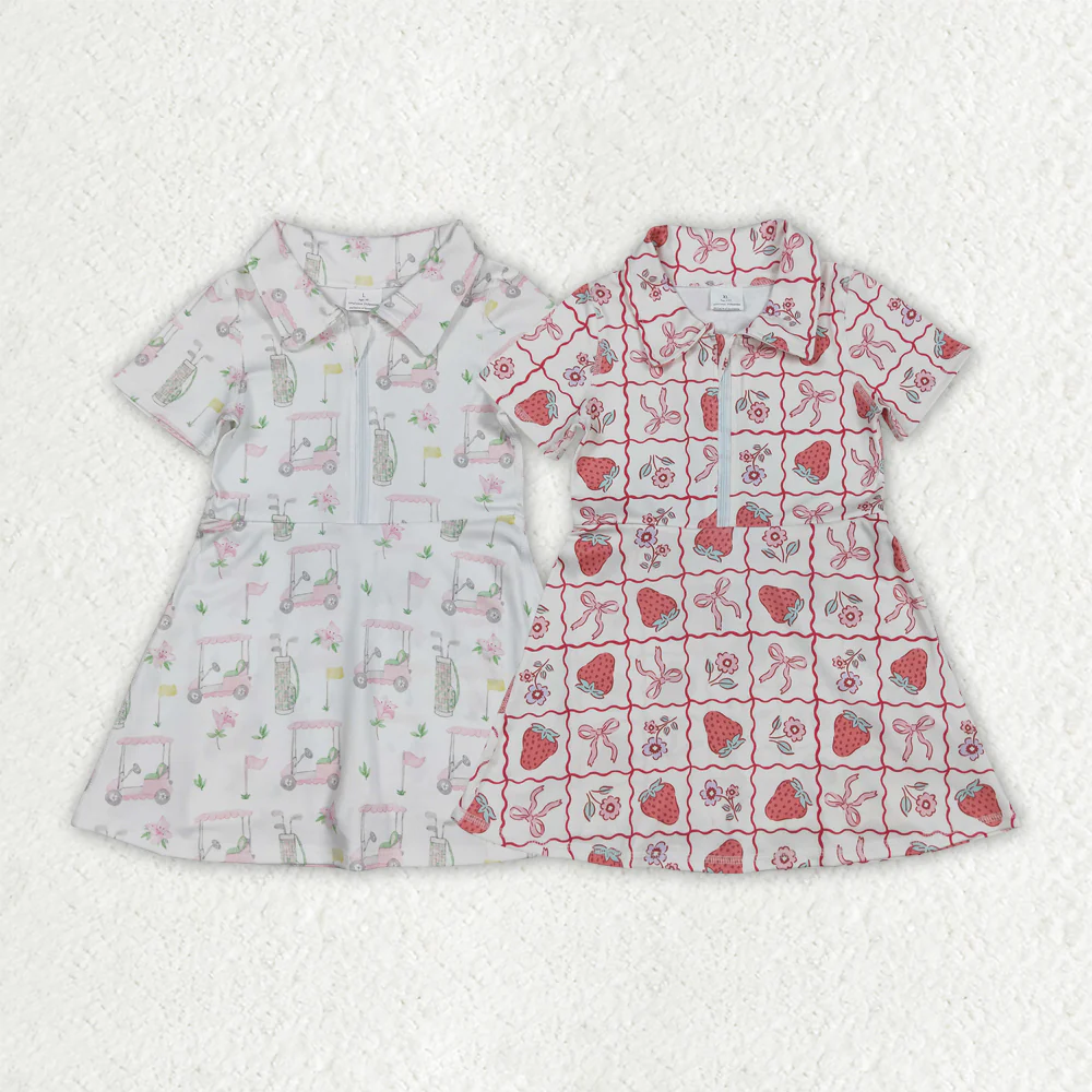 RTS NO MOQ Summer Sibling Baby Girls Short Sleeves Flowers Golf Zipper Knee Length Dresses