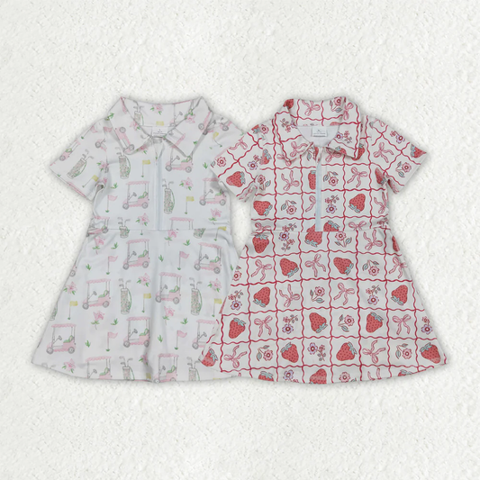 RTS NO MOQ Summer Sibling Baby Girls Short Sleeves Flowers Golf Zipper Knee Length Dresses