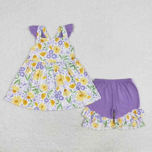 GSSO1177 Baby Girls Purple Floral Tunic Top Shorts Set