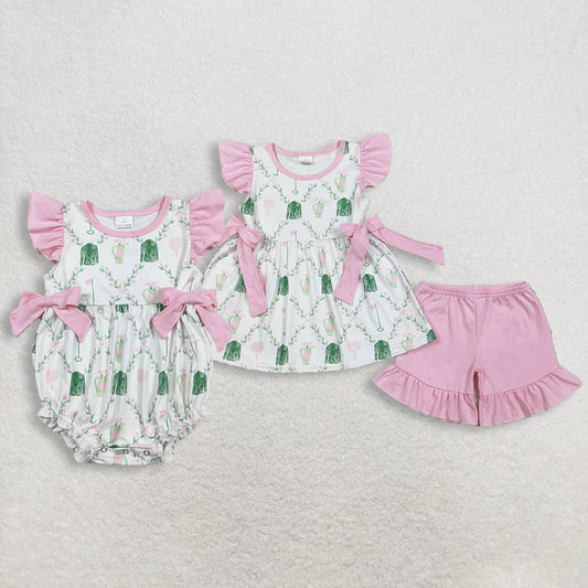 RTS Sibling Baby Girls Infant Short Sleeves Golf Floral Pink Bows Bubble Romper Set