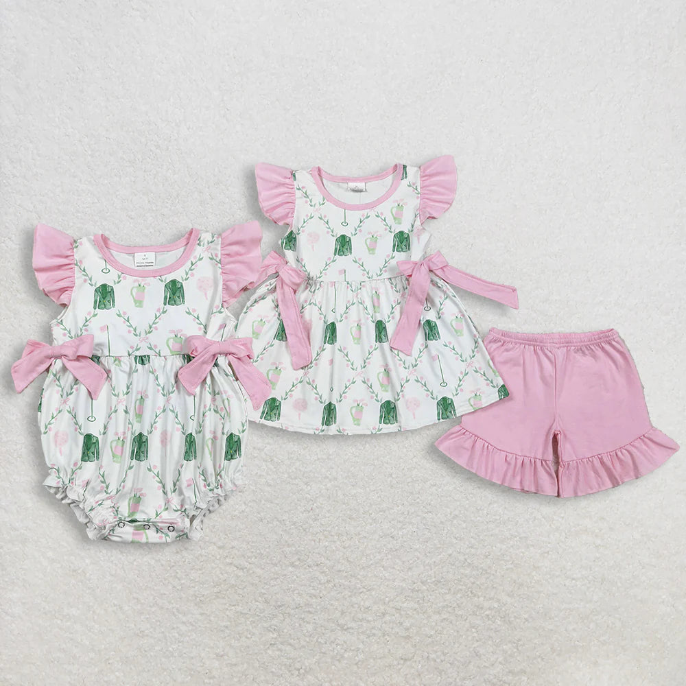 RTS Sibling Baby Girls Infant Short Sleeves Golf Floral Pink Bows Bubble Romper Set