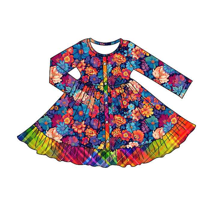 MOQ:5 Floral Girl Long Sleeve Wholesale Boutique Kid Clothing Kid Dresses