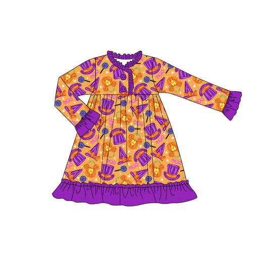 MOQ:5 Ghost Orange Girl Long Sleeve Wholesale Boutique Kid Clothing Kid Dresses