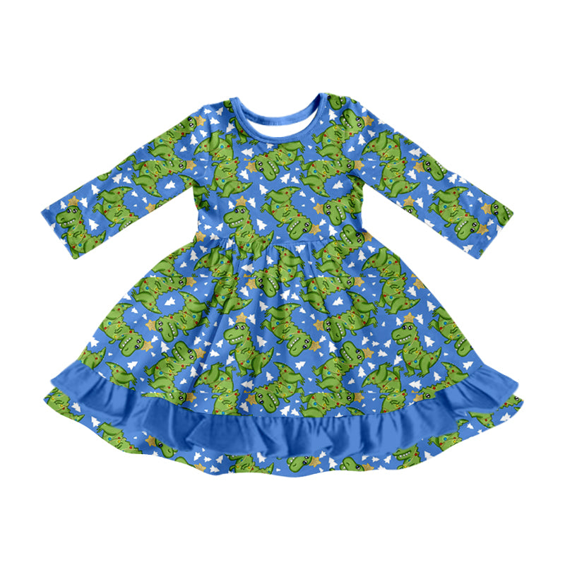 MOQ:5 Green Girls Long Sleeve Wholesale Boutique Kid Clothing Kid Dresses