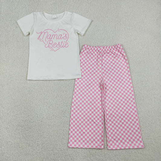 RTS Baby Girls Short Sleeves Mama's Bestie Heart Shirt Pink Plaid Pants Clothes Set