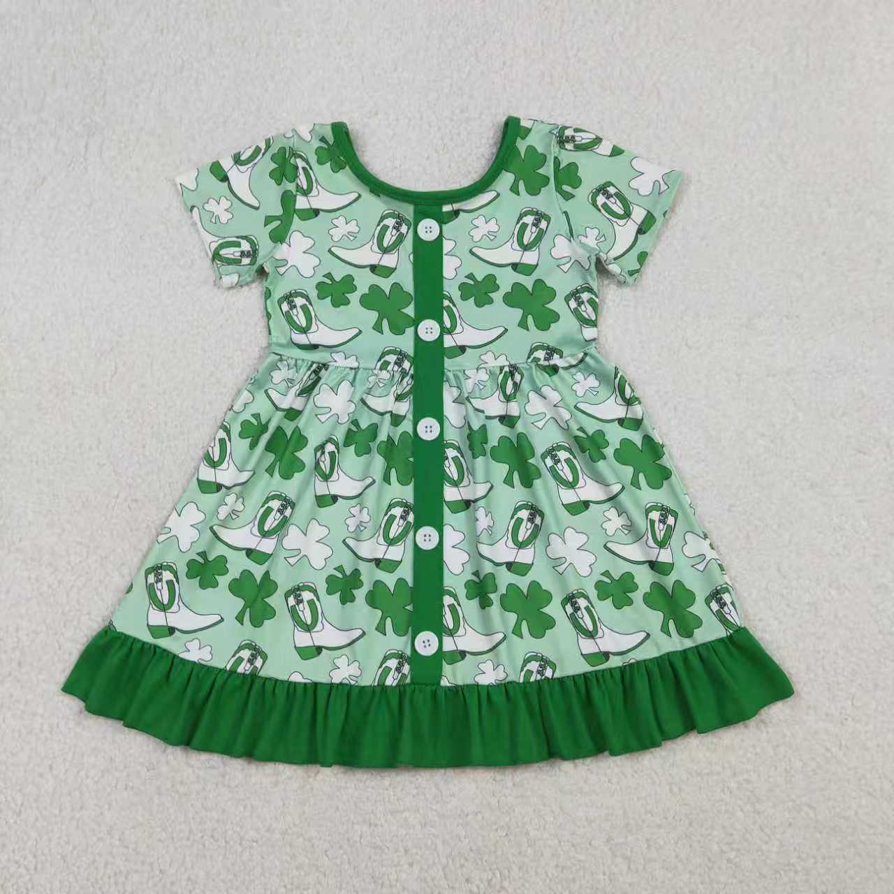 RTS Sibling Baby Girls Kids Short Sleeves Clovers Boots St Patrick Green Romper Dress