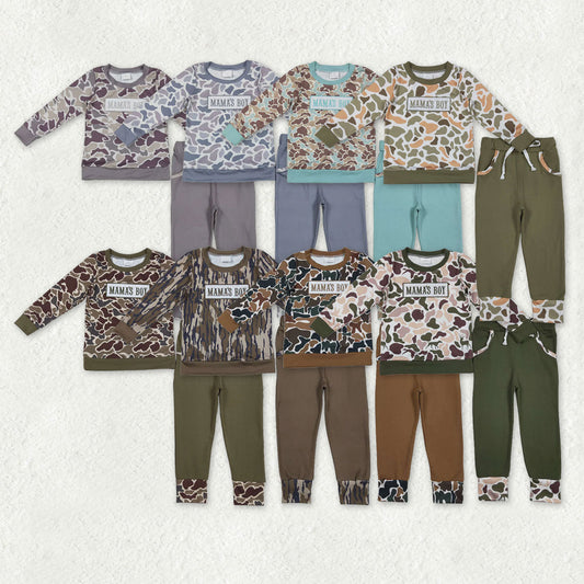 RTS Sibling Baby Boys Kids Long Sleeves Embroidery Mama's Boy Camo Shirt Pockets Pants Sets RTS