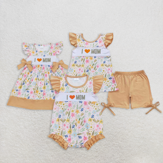 RTS NO MOQ Summer Sibling  Baby Girls I Love Mom Floral Sibling Sister Brother Shorts Clothes Sets