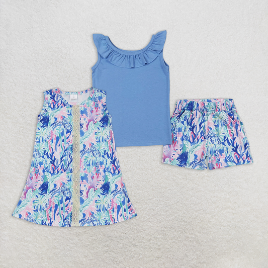 RTS NO MOQ Summer Sibling  Baby Girls Shirt Top Water Flowers Shorts Dresses Clothes Sets