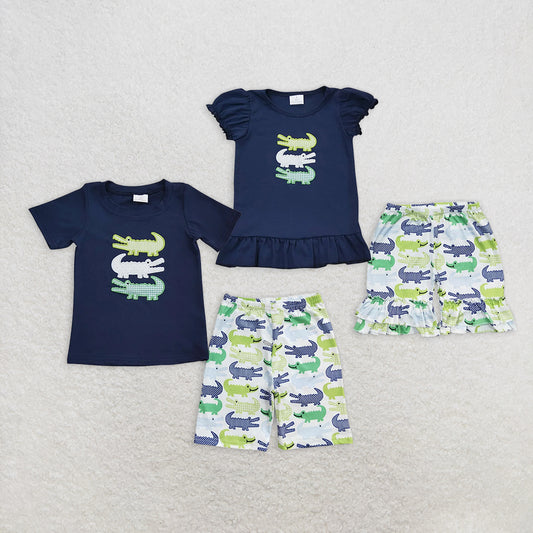 5.14 RTS NO MOQ Summer Sibling Baby Girls Boys Crocodile Embroidery Cotton Shorts Sets