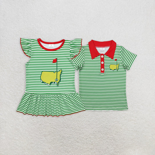 RTS NO MOQ Summer Sibling Boys Baby Girls Green Stripes Golf Shirts Tops
