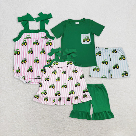 RTS NO MOQ Summer Sibling Baby Girls Boys Tractors Rompers Clothes Sets