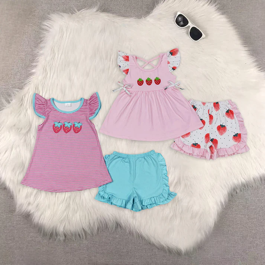 RTS NO MOQ Summer Sibling Baby Girls Flutter Sleeve Embroidery Strawberry Tunic Top Ruffle Shorts Clothes Sets