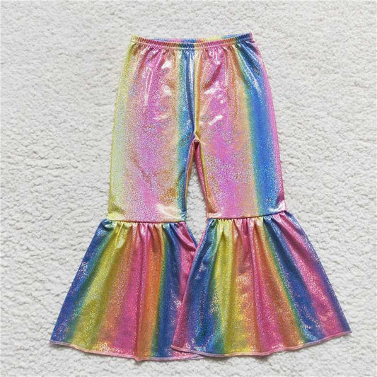5.23 RTS NO MOQ Baby Girls Long Pants P0178 Colorful Holographic Spandex Bell Bottom Pants