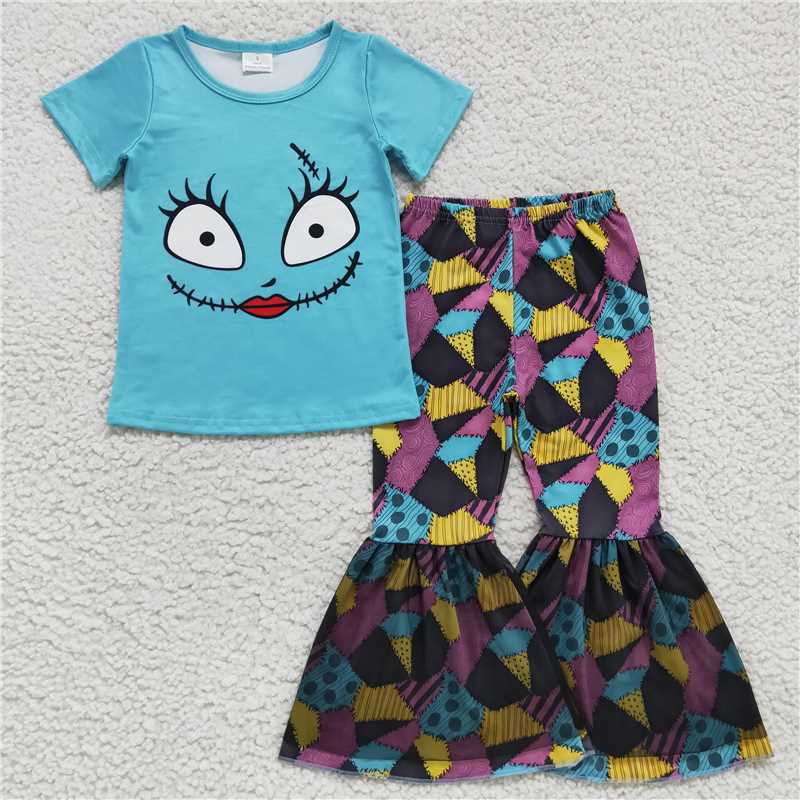 GSPO0821 Baby Girls Halloween Face Shirt Ruffle Bell Pants Clothes Sets