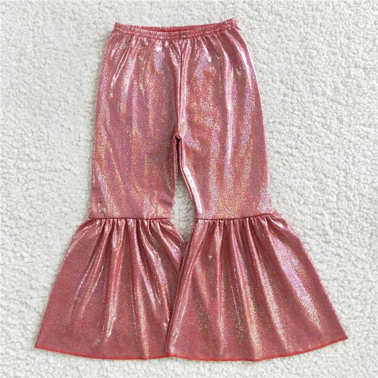 5.23 RTS NO MOQ Baby Girls Long Pants P0181 Brick Red Holographic Spandex Bell Bottom Pants