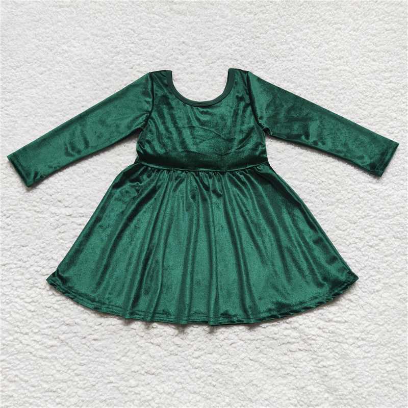 7.5 RTS NO MOQ Baby Girls Long Sleeve GLD0336 Green Long Sleeve Velvet Knee Length Dresses