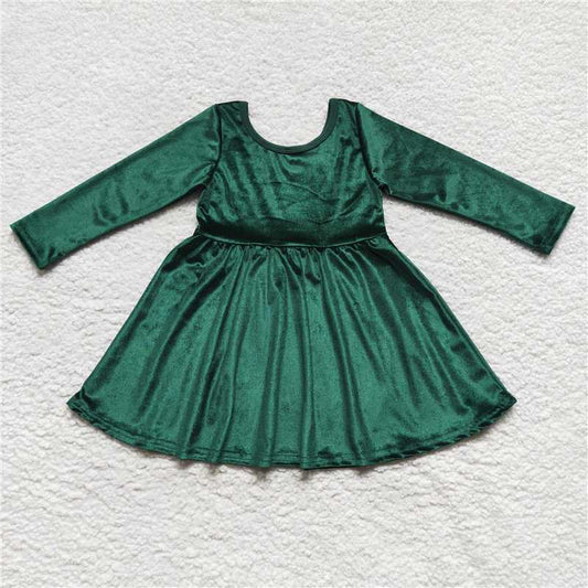 7.5 RTS NO MOQ Baby Girls Long Sleeve GLD0336 Green Long Sleeve Velvet Knee Length Dresses