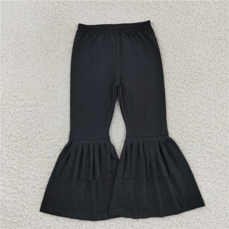 5.23 RTS NO MOQ Baby Girls Long Pants P0282 Black Cotton Fringe Ruffle Bell Pants