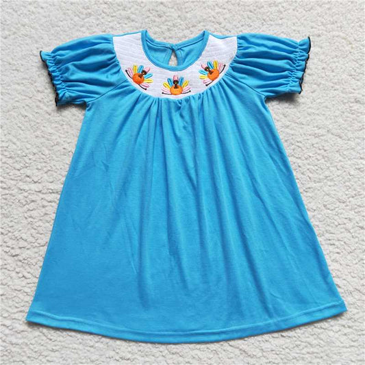 8.2 RTS NO MOQ Summer Baby Girls Dresses GSD0436 Thanksgiving Turkey Blue Smocked Dresses