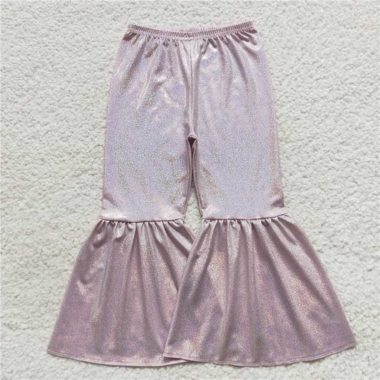 5.23 RTS NO MOQ Baby Girls Long Pants P0179 Pink Holographic Spandex Bell Bottom Pants