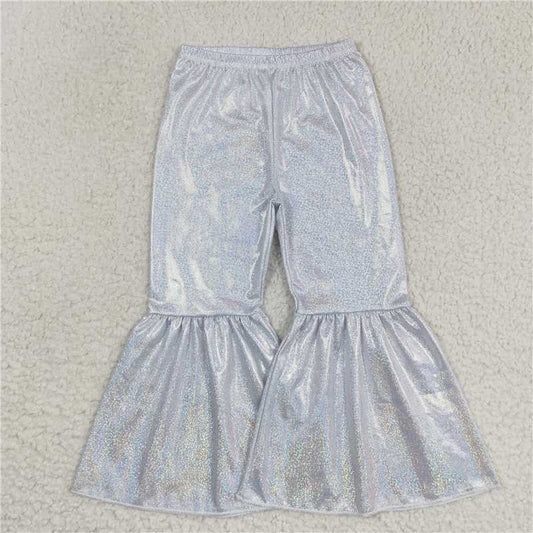 5.23 RTS NO MOQ Baby Girls Long Pants P0177 White Holographic Spandex Bell Bottom Pants