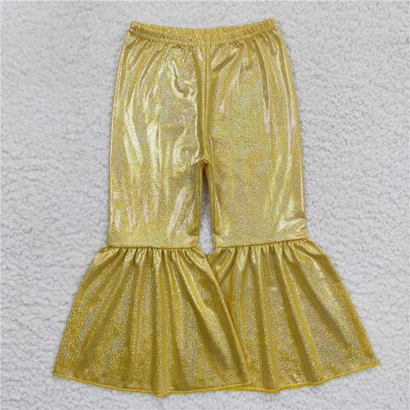 5.23 RTS NO MOQ Baby Girls Long Pants P0182 Yellow Holographic Spandex Bell Bottom Pants