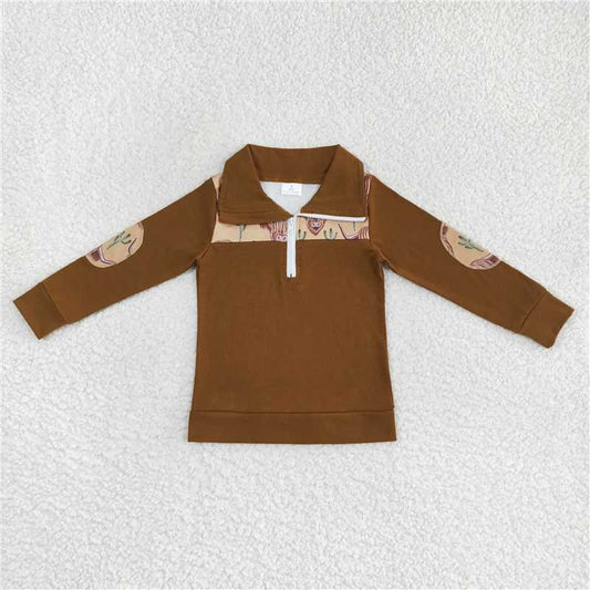 6.30 RTS NO MOQ Baby Boys Long Sleeve BT0298 Brown Cactus Highland Cow Long Sleeve Elbow Pullover Tee Shirt Tops