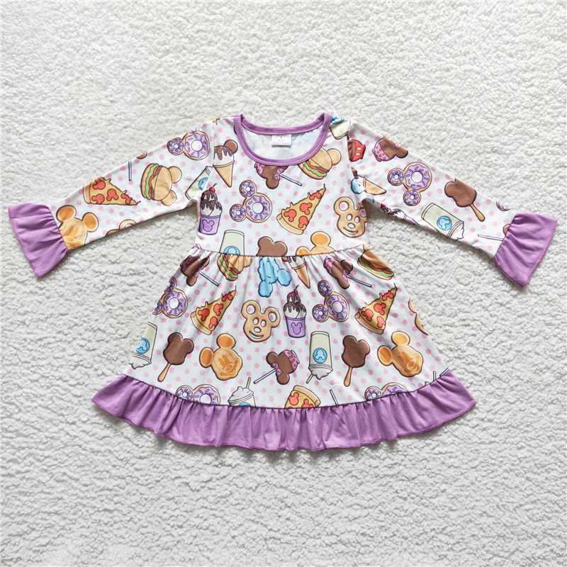 7.5 RTS NO MOQ Baby Girls Long Sleeve GLD0265 Lavender Cookie Ruffle Knee Length Dresses