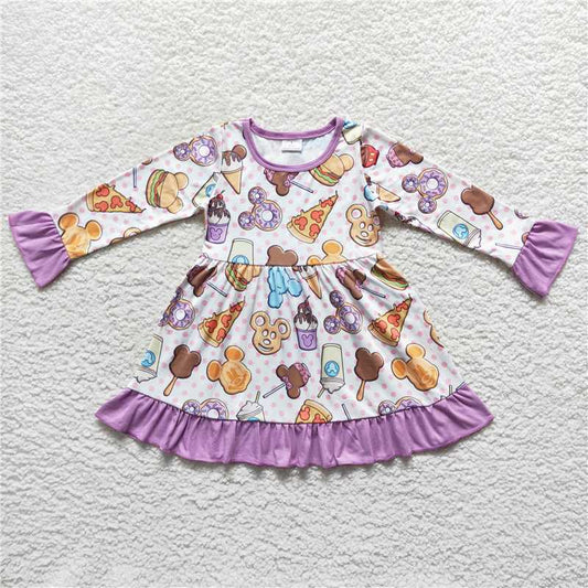 7.5 RTS NO MOQ Baby Girls Long Sleeve GLD0265 Lavender Cookie Ruffle Knee Length Dresses