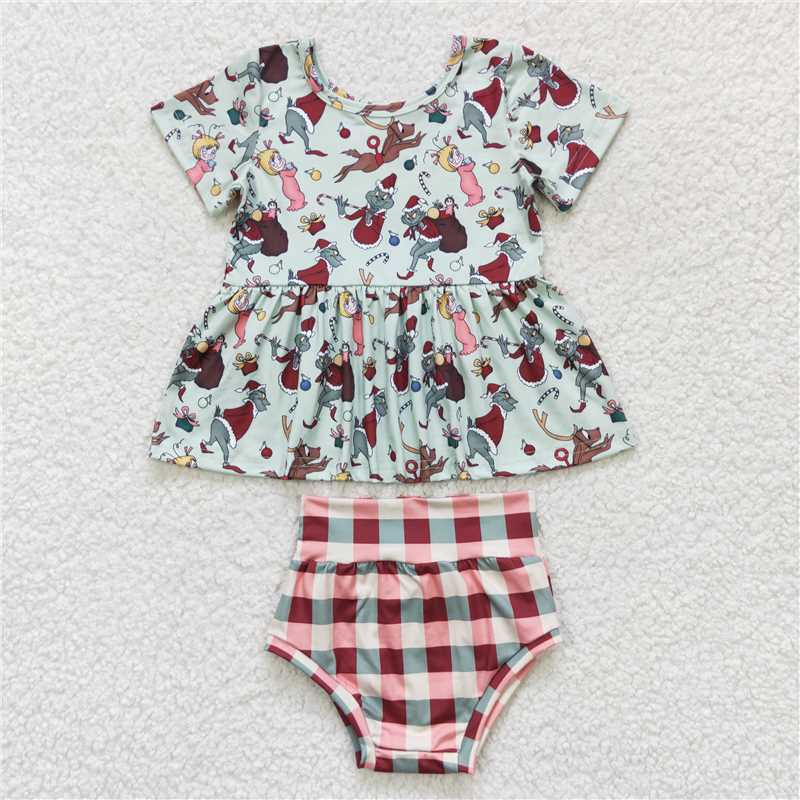 RTS NO MOQ Baby Girls Summer Outifts GBO0187 Green Christmas Deer Checkered Bummie Sets