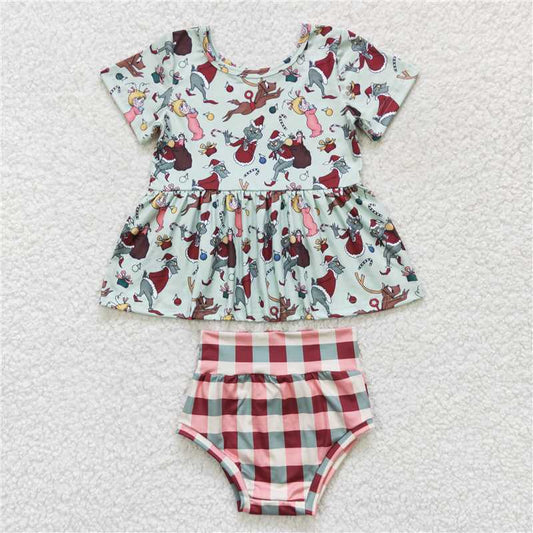 RTS NO MOQ Baby Girls Summer Outifts GBO0187 Green Christmas Deer Checkered Bummie Sets