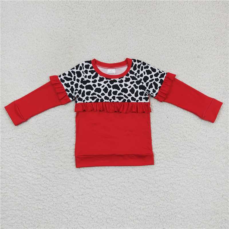 5.22 RTS NO MOQ Baby Girls Long Sleeve GT0295 Red Cow Print Ruffle Long Sleeve Tee Shirts Tops