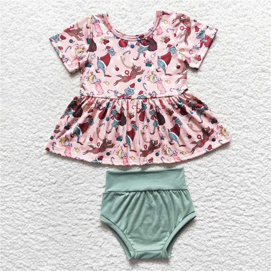 RTS NO MOQ Baby Girls Summer Outifts GBO0188 Pink Christmas Deer Short Sleeve Bummie Sets