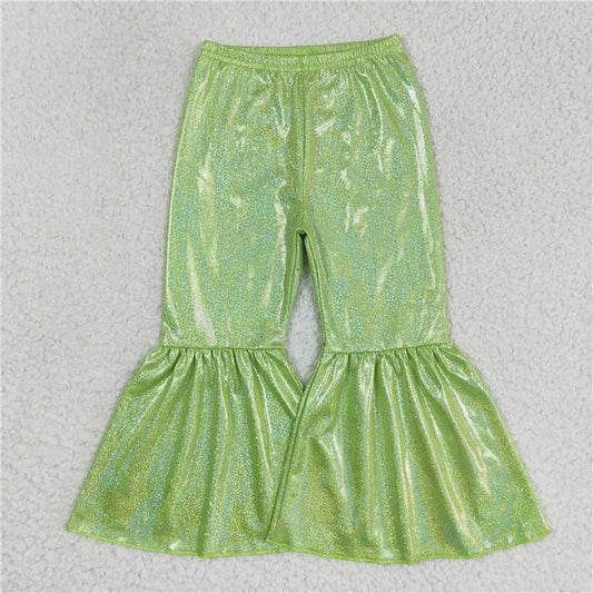 5.23 RTS NO MOQ Baby Girls Long Pants P0189 Green Holographic Spandex Bell Bottom Pants