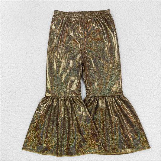 5.23 RTS NO MOQ Baby Girls Long Pants P0186 Golden Holographic Spandex Bell Bottom Pants