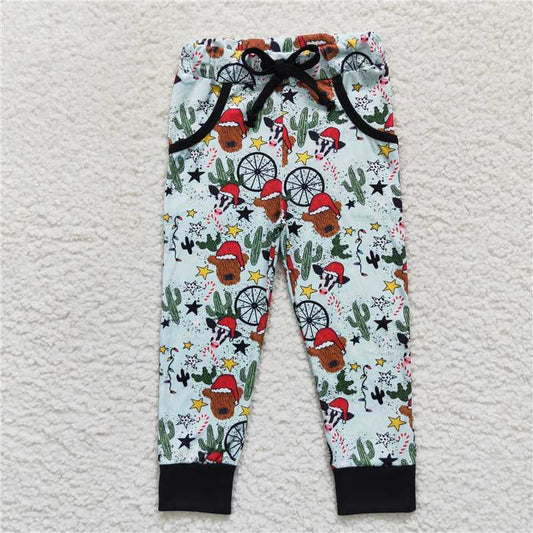 5.23 RTS NO MOQ Baby Girls Long Pants P0291 Christmas Cow Hats Cactus Pockets Pants