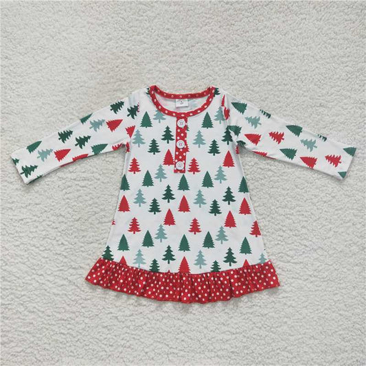 7.5 RTS NO MOQ Baby Girls Long Sleeve GLD0404 Christmas Tree Long Sleeve Knee Length Dresses