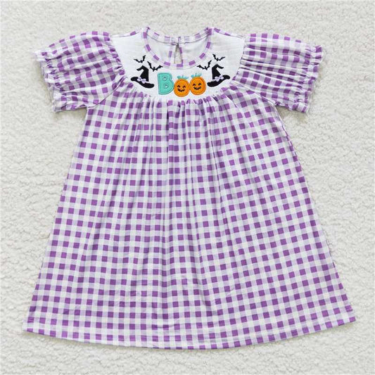 8.2 RTS NO MOQ Summer Baby Girls Dresses GSD0468 Purple Checkered Boo Halloween Smocked Dresses