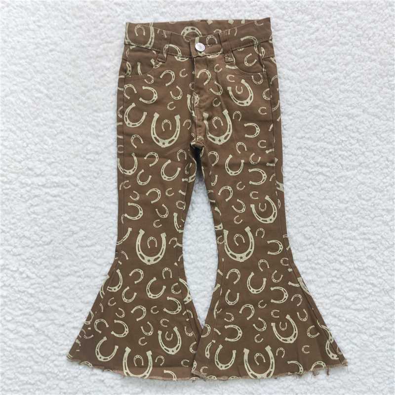 RTS NO MOQ Baby Girls Pants P0227 Western Horse Shoe Brown Denim Bell Pants