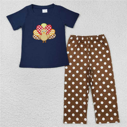 7.3 RTS NO MOQ Baby Boys Summer Sets BSPO0162 Thanksgiving Turkey Top Dots Pants Clothes Sets