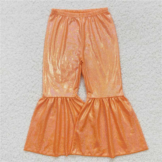 5.23 RTS NO MOQ Baby Girls Long Pants P0188 Orange Holographic Spandex Bell Bottom Pants