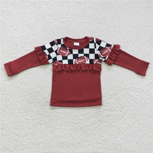5.22 RTS NO MOQ Baby Girls Long Sleeve GT0300 Football Black Checkered Long Sleeve Ruffle Tee Shirt Tops