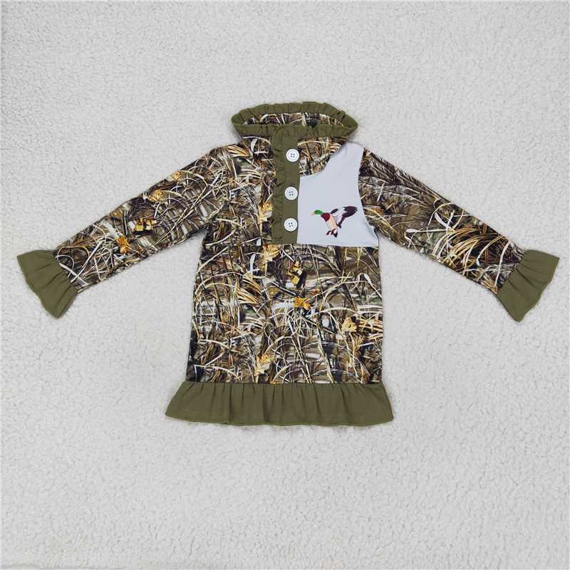 5.22 RTS NO MOQ Baby Girls Long Sleeve GT0312 Camo Hunting Duck Ruffle Pullover Jackets Tops