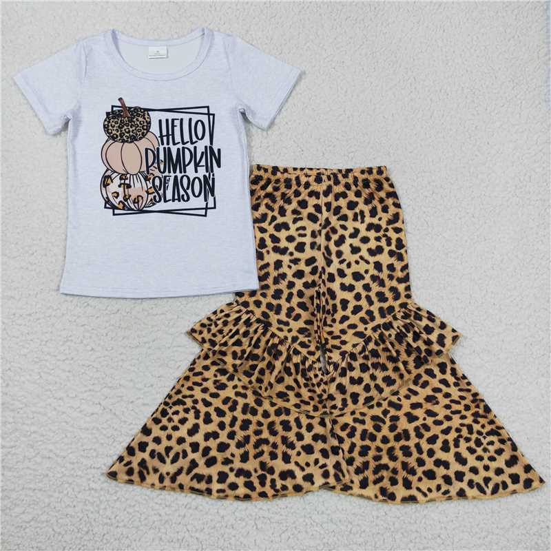 GSPO0836 Baby Girls Hello Pumpkin Top Leopard Bell Pants Clothes Sets